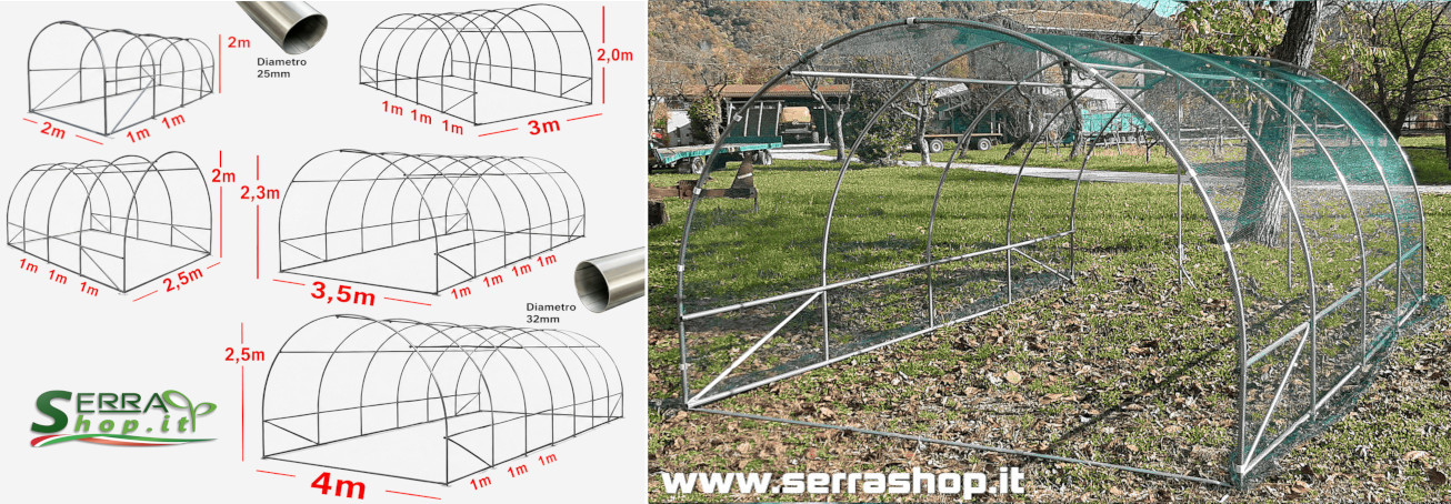 struttura serra a tunnel antigrandine con telo pvc rete