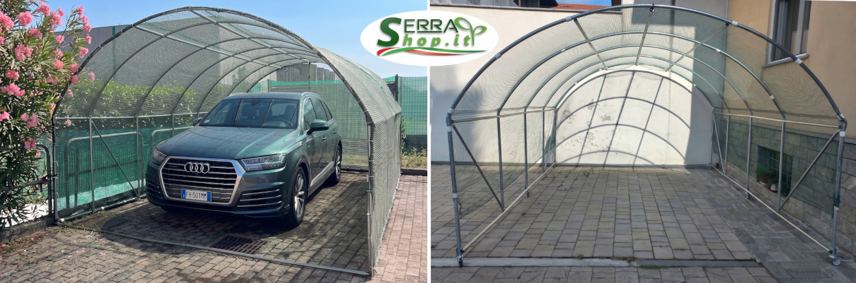 serra tunnel con rete antigrasndine per auto