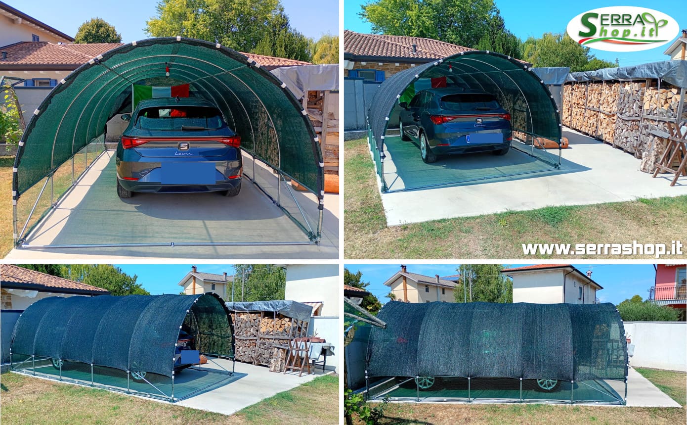 tunnel ombreggiante con rete antigrandine per carport auto e giardino