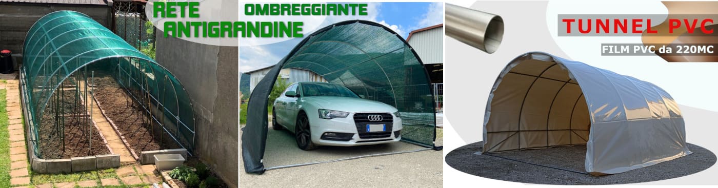 Tunnel serra con rete antigrandine e telo ombreggiante, coperture in PVC
